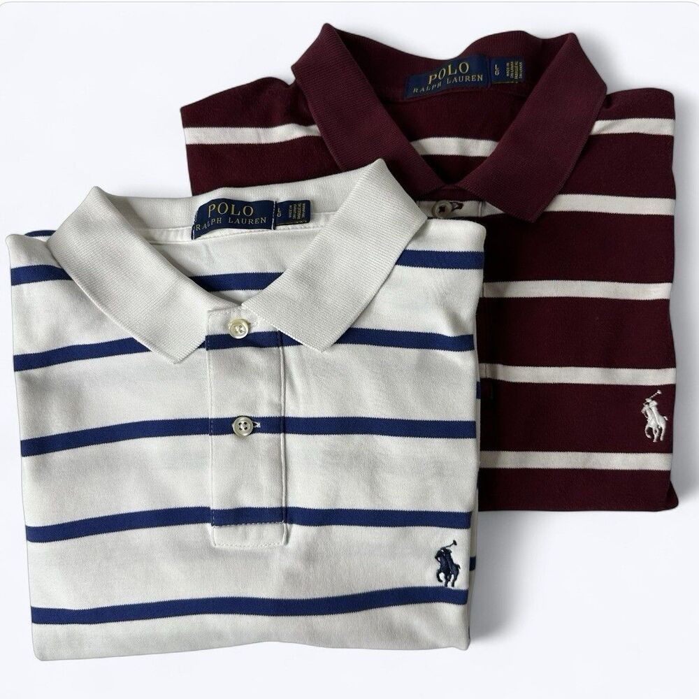 2 Polo Ralph Lauren Striped Shirts Sz L White‎ Maroon Short Sleeve Pony Preppy